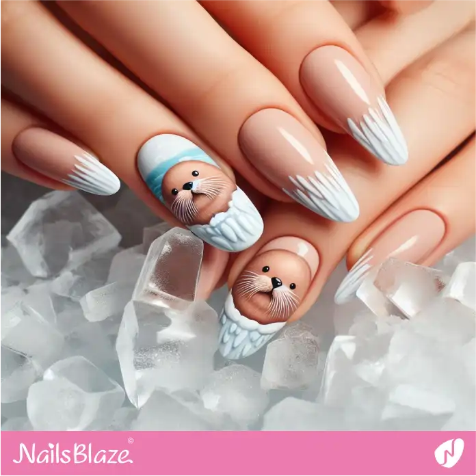 Frozen French Manicure Nails with Seals Design | Polar Wonders Nails - NB3154